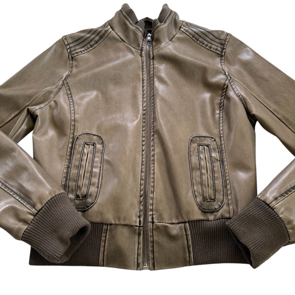 Blue Spice Womens Size Large Faux Leather Bomber Coat Jacket Full Zip Brown Tan - Picture 11 of 14